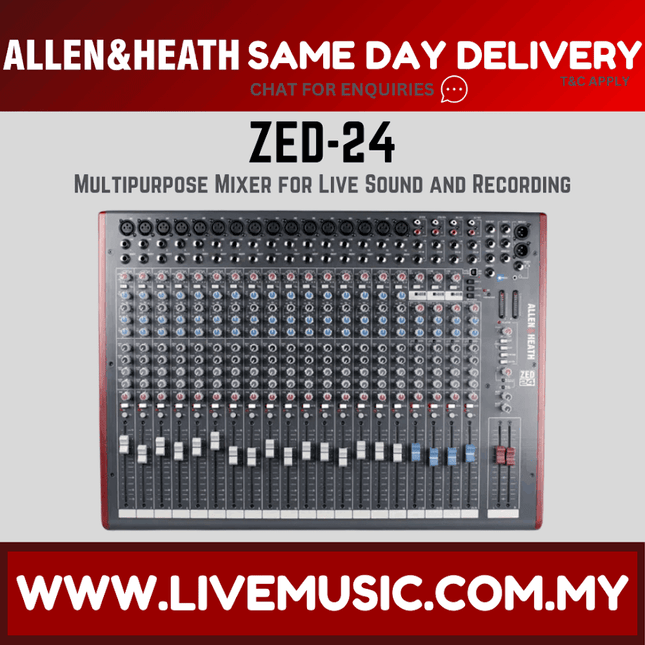 Allen & Heath ZED-24 USB 24-channel audio mixer with control faders and knobs