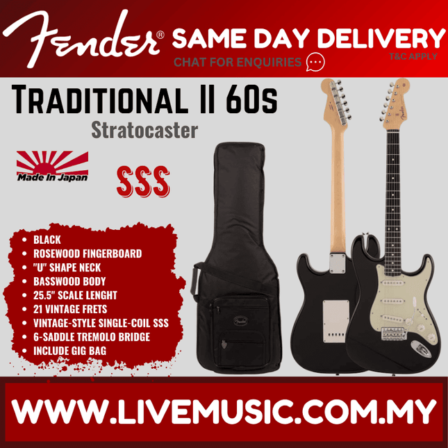 Fender Japan Traditional II 60s Stratocaster Electric Guitar, RW FB, Black
