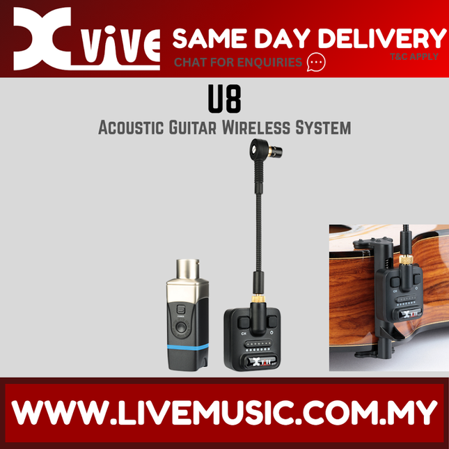 Wireless supercardioid microphone system for acoustic guitar with transmitter and mic