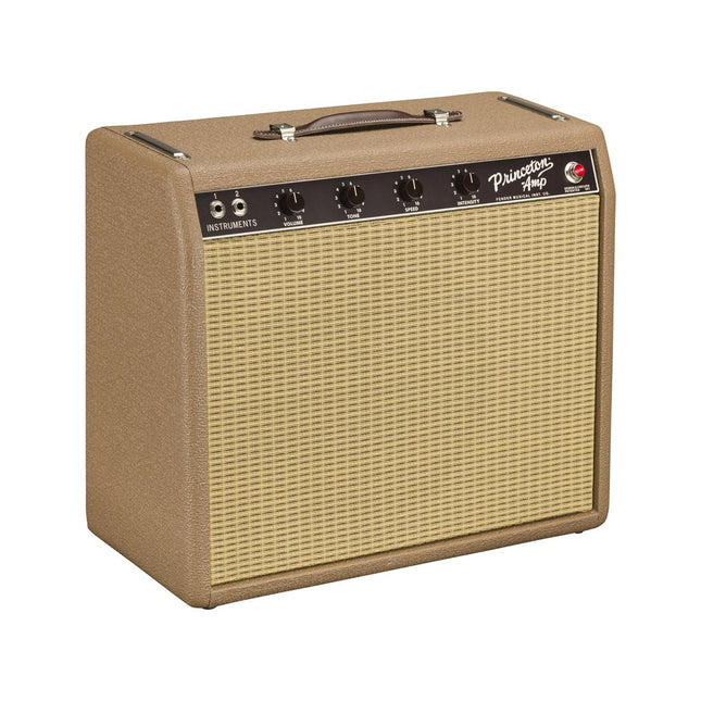 Fender Princeton tube combo amplifier in tan cabinet, angled front view