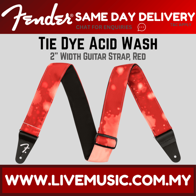 Fender red tie-dye acid wash guitar strap with black ends and adjustable buckle