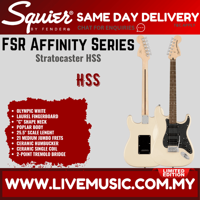 Squier FSR Affinity Series Stratocaster HSS Electric Guitar, Laurel FB, Olympic White