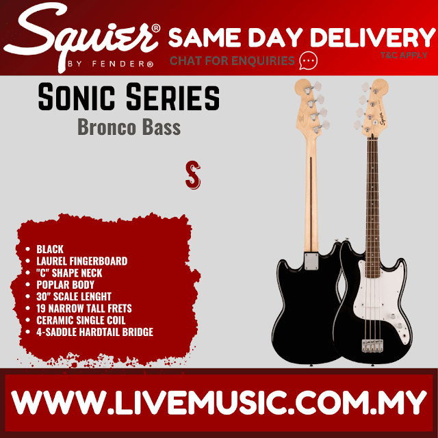 Squier Sonic Bronco Bass Guitar w/White Pickguard, Laurel FB, Black