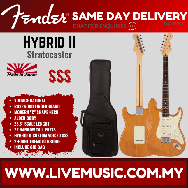 Fender Japan Hybrid II Stratocaster Electric Guitar, Rosewood Fretboard with Gig Bag - Vintage Natural