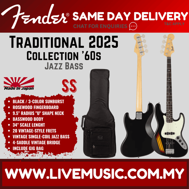 Fender Japan Traditional 2025 Collection 60s Jazz Bass Guitar, RW FB, Black / 3-Tone Sunburst