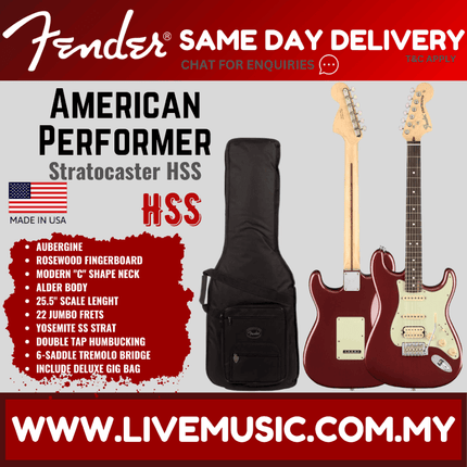 Fender American Performer HSS Stratocaster Electric Guitar, Rosewood Fretboard with FREE Deluxe Gig Bag, Aubergine