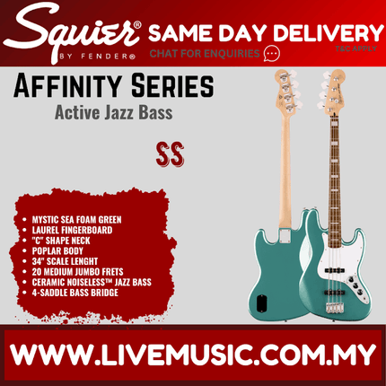 Squier Affinity Series Active Jazz Bass Guitar, Laurel FB, Mystic Sea Foam Green