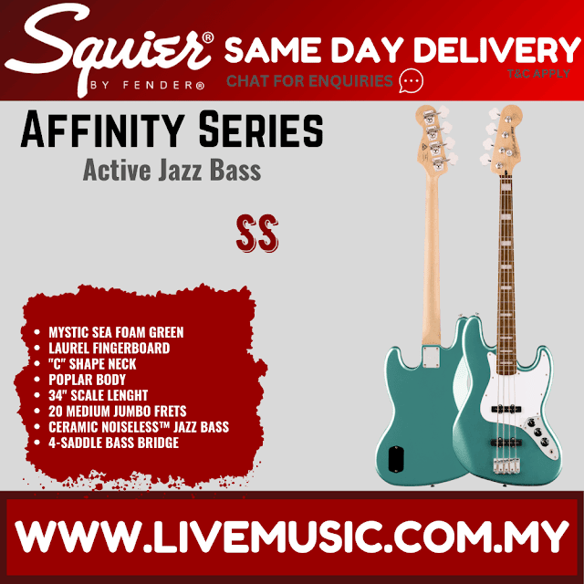Squier Affinity Series Active Jazz Bass Guitar, Laurel FB, Mystic Sea Foam Green