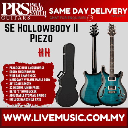 PRS SE Hollowbody II Piezo Electric Guitar with Case - Peacock Blue Smokeburst