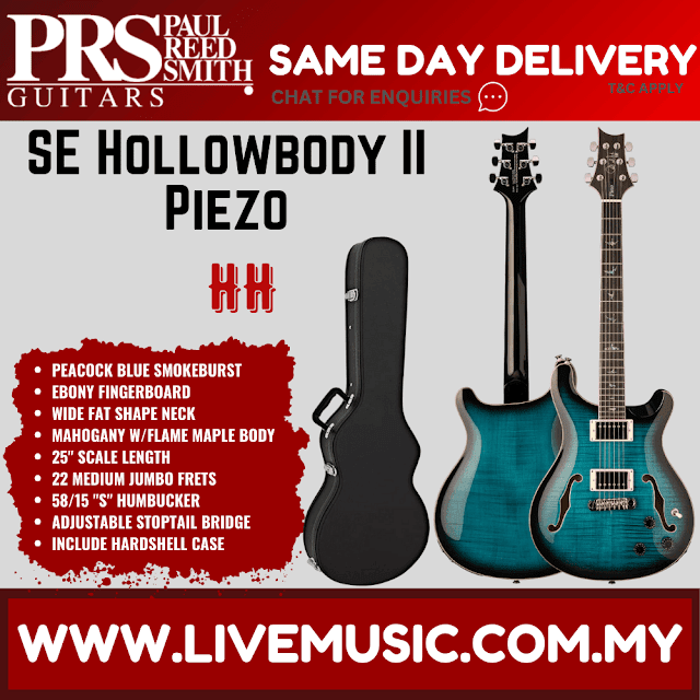 PRS SE Hollowbody II Piezo Electric Guitar with Case - Peacock Blue Smokeburst