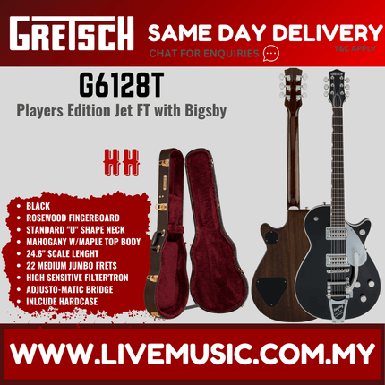 Black Gretsch Players Edition Jet FT electric guitar with Bigsby, hard case included