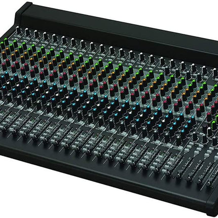 Analog compact mixer angled view with rows of knobs, faders, and channel indicators
