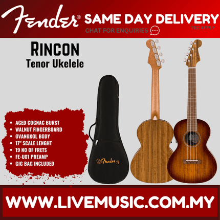 Fender Rincon Tenor Acoustic-Electric Ukulele w/Bag, Walnut FB, Aged Cognac Burst