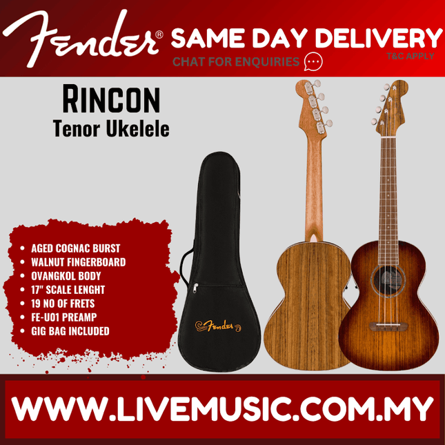 Fender Rincon Tenor Acoustic-Electric Ukulele w/Bag, Walnut FB, Aged Cognac Burst