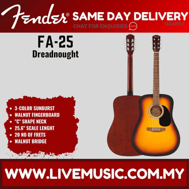 Fender FA-25 dreadnought acoustic guitar, 3-color sunburst finish