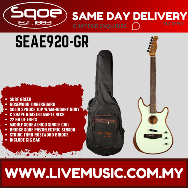 Sqoe SEAE920 Acoustasonic Telecaster Acoustic Electric Guitar w/Bag, Rosewood FB - Surf Green ( SEAE 920 / SEAE-920 )