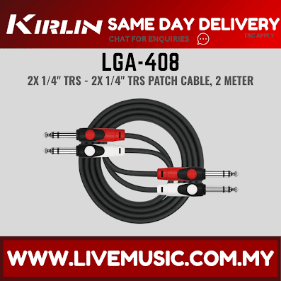 Kirlin LGA-408 Dual 1/4 Inch TRS to TRS Plug LightGear Patch Interconnect Audio Cable Black (LGA408/LGA 408)