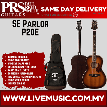 PRS SE Parlor P20E Acoustic Guitar w/Bag, Tobacco Sunburst