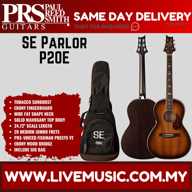 PRS SE Parlor P20E Acoustic Guitar w/Bag, Tobacco Sunburst