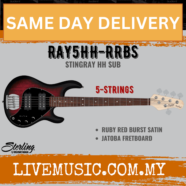 Sterling Ray5HH Stingray 5-String Electric Bass Guitar Jatoba Fretboard - Ruby Red Burst Satin (Ray5 HH/Ray5)