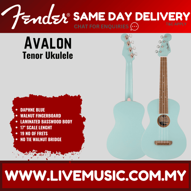 Fender Avalon tenor ukulele in daphne blue finish with walnut fingerboard.