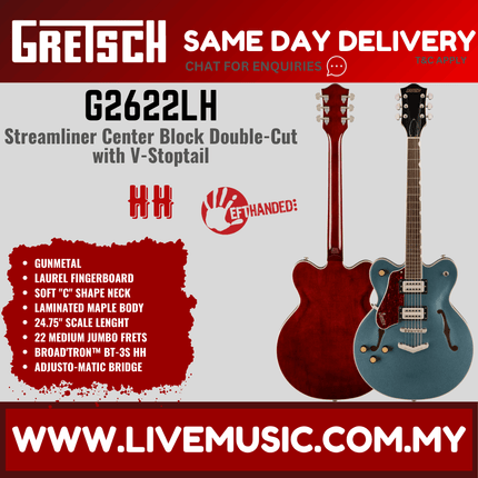 Gretsch G2622LH left-handed electric guitar, gunmetal center-block double-cut