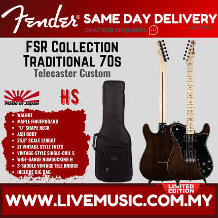 Fender FSR Collection Traditional 70s Telecaster Custom Electric Guitar, Maple FB, Walnut