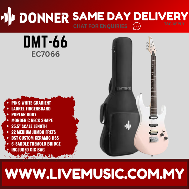Donner EC7066 DMT-66 Electric Guitar w/Gigbag, Laurel Fingerboard, Pink White Gradient ( DMT66 \ DMT 66 )