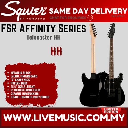 Squier FSR Affinity Series HH Telecaster Electric Guitar, Laurel FB, Metallic Black