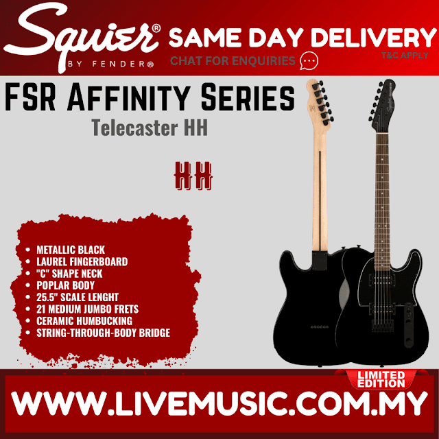 Squier FSR Affinity Series HH Telecaster Electric Guitar, Laurel FB, Metallic Black