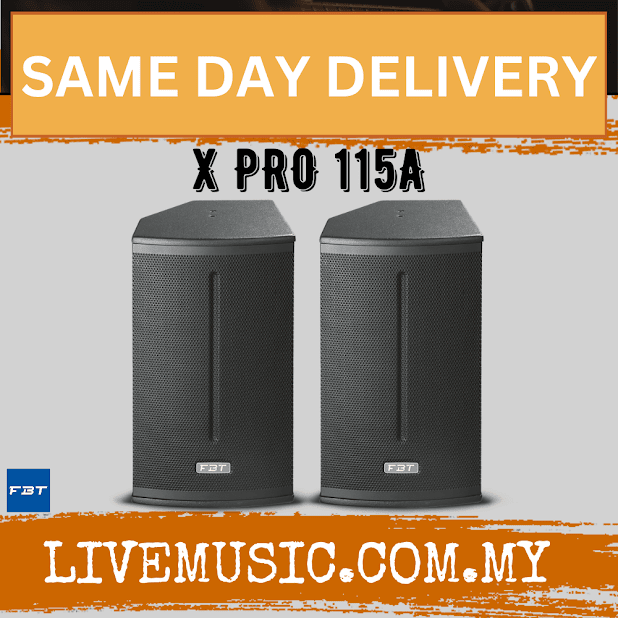 Pair of FBT active speakers with Bluetooth, black cabinets, dual front grilles and handles
