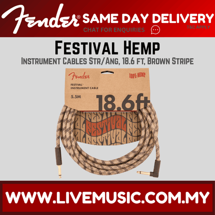 Fender Festival Hemp Angled Instrument Cable, 18.6ft, Pure Hemp - Brown Stripe