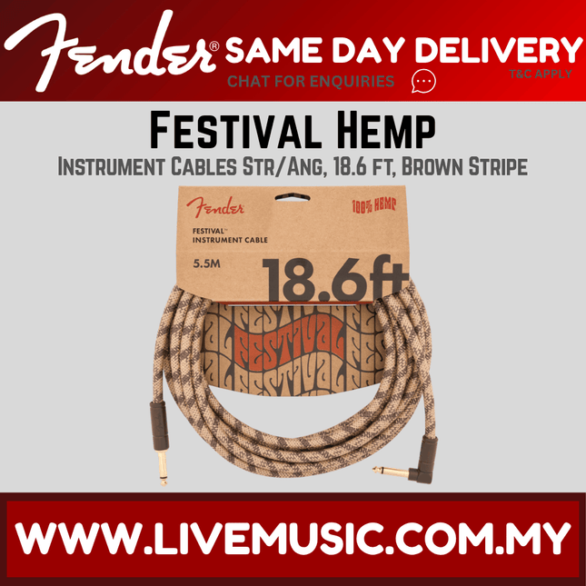 18.6 ft angled hemp instrument cable with brown striped braided jacket and Fender plugs