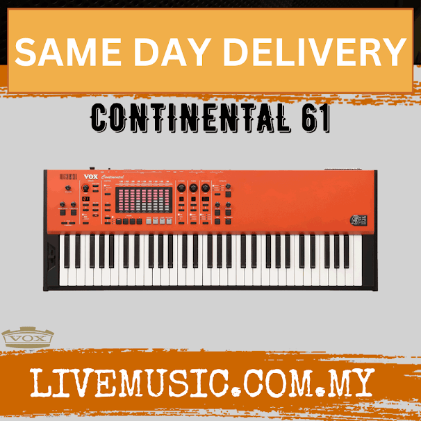 Vox Continental 61 keyboard, orange control panel and black-and-white 61-key layout