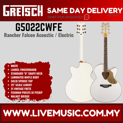 Gretsch G5022CWFE Rancher Falcon Jumbo Acoustic Guitar, White