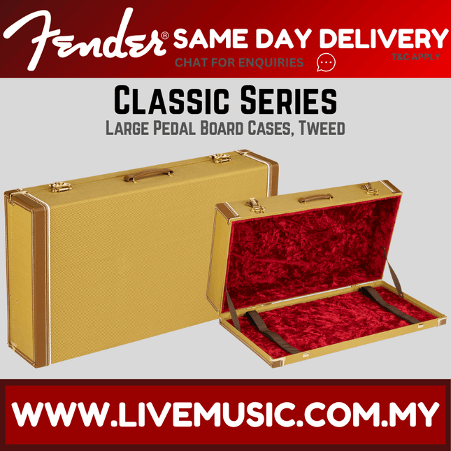 Large Fender Classic Series tweed pedalboard case, tan exterior with open lid