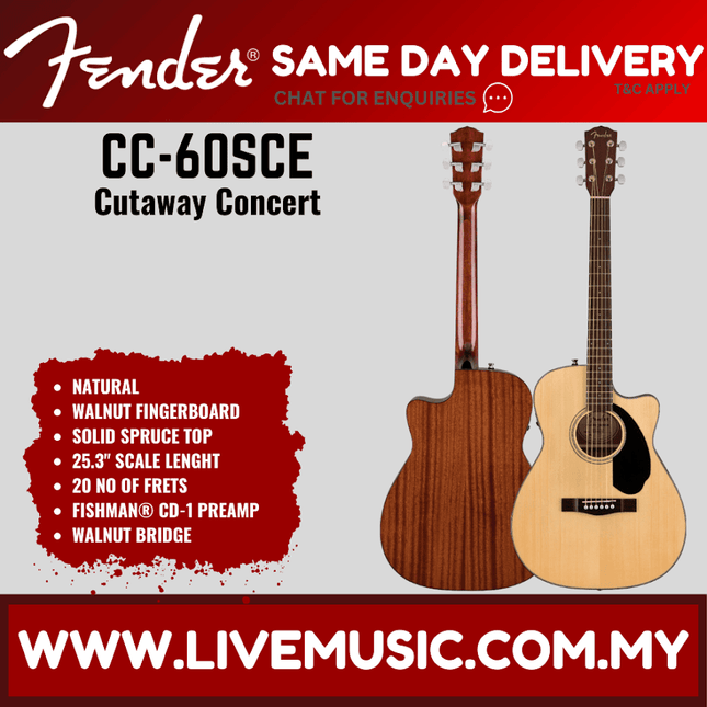 Natural concert acoustic-electric guitar with cutaway, walnut fingerboard and Fishman preamp