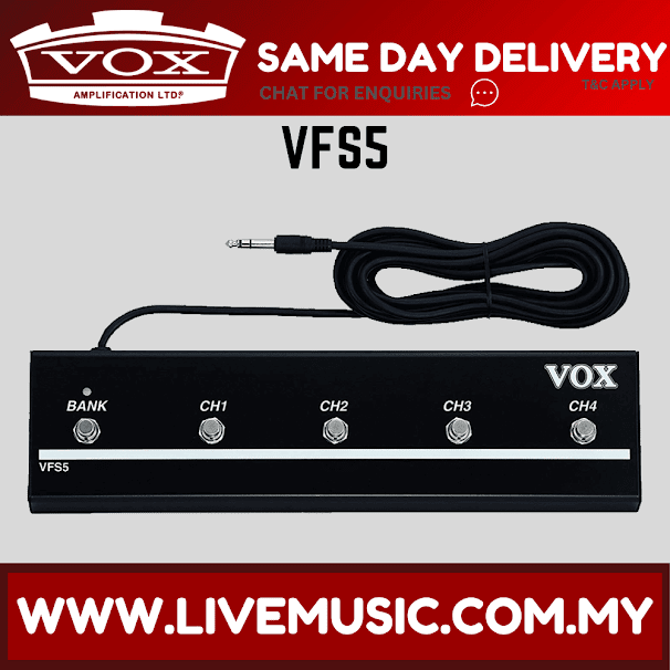 Vox VFS5 button footswitch with 4 channel knobs and attached cable, black panel