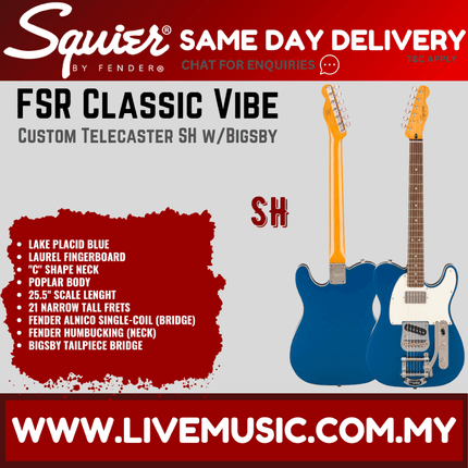 Squier FSR Classic Vibe Custom Telecaster SH Electric Guitar w/Bigsby, Lake Placid Blue