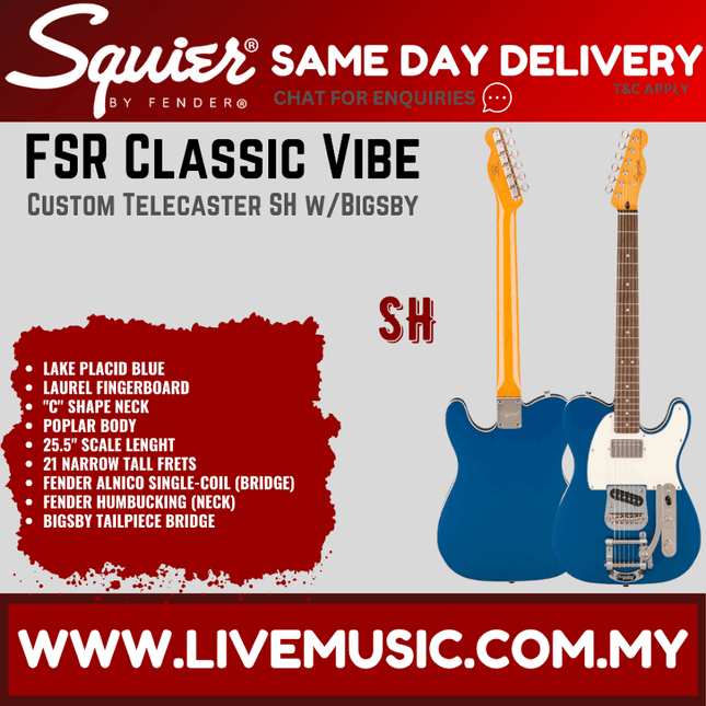 Squier FSR Classic Vibe Custom Telecaster SH Electric Guitar w/Bigsby, Lake Placid Blue
