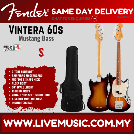 Fender Vintera 60s Mustang Bass Guitar, Pau Ferro Fretboard with Gig Bag - 3-Tone Sunburst