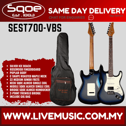 SQOE SEST700 Stratocaster HSS Electric Guitar w/Gig Bag, Maple FB - Silver Ice Beach ( SEST-700 / SEST 700 )