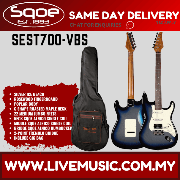 SQOE SEST700 Stratocaster HSS Electric Guitar w/Gig Bag, Maple FB - Silver Ice Beach ( SEST-700 / SEST 700 )