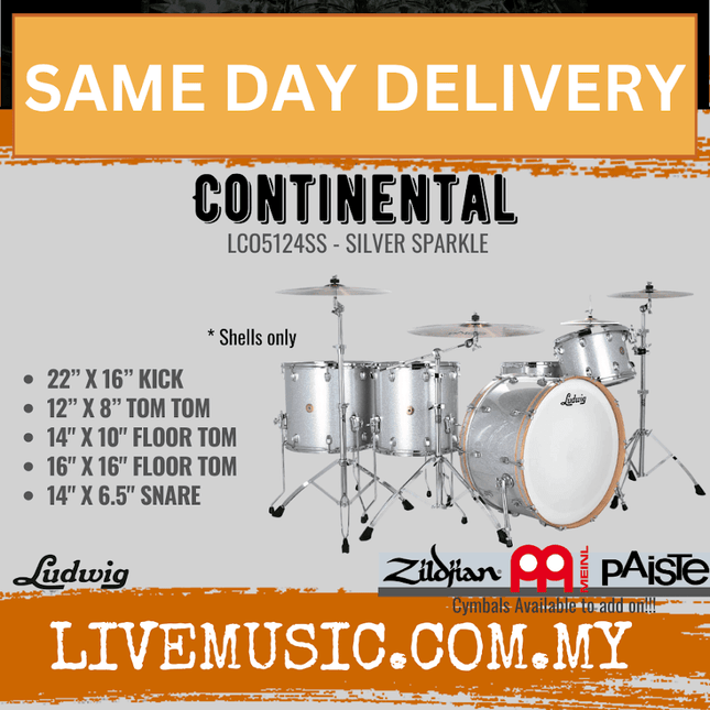 Ludwig LCO5124SS Continental 5-Piece Drum Kit(22B+16F+14F+12T+14S), Silver Sparkle