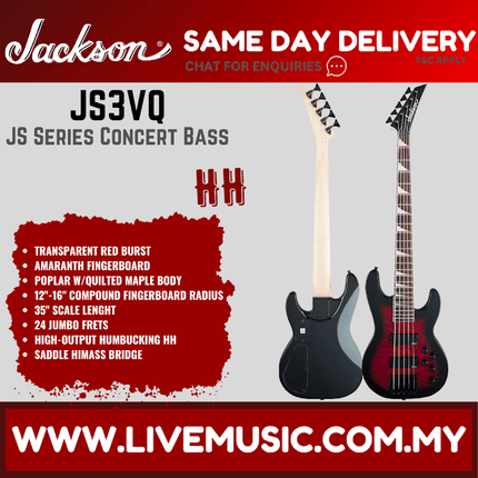 Jackson JS Series Concert Bass JS3VQ Guitar, Amaranth FB, Transparent Red Burst
