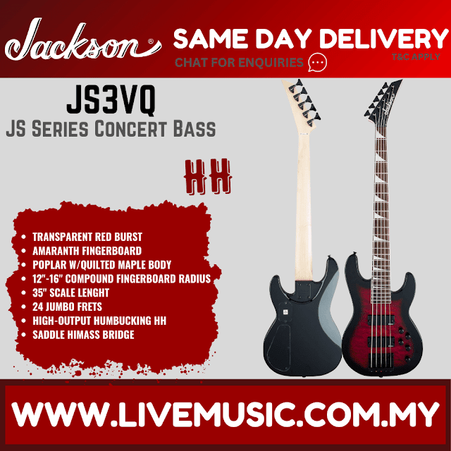 Jackson JS Series Concert Bass JS3VQ Guitar, Amaranth FB, Transparent Red Burst