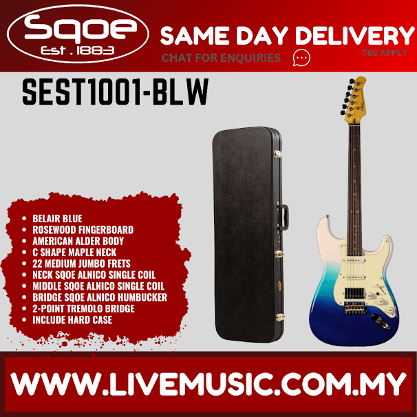 SQOE SEST1001 Stratocaster Custom HSS Electric Guitar w/Hardcase, Rosewood FB - Belair Blue ( SEST-1001 / SEST 1001 )