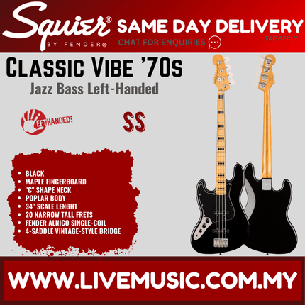 Squier Classic Vibe 70s Jazz Bass Left-Handed Guitar, Maple Fretboard - Black