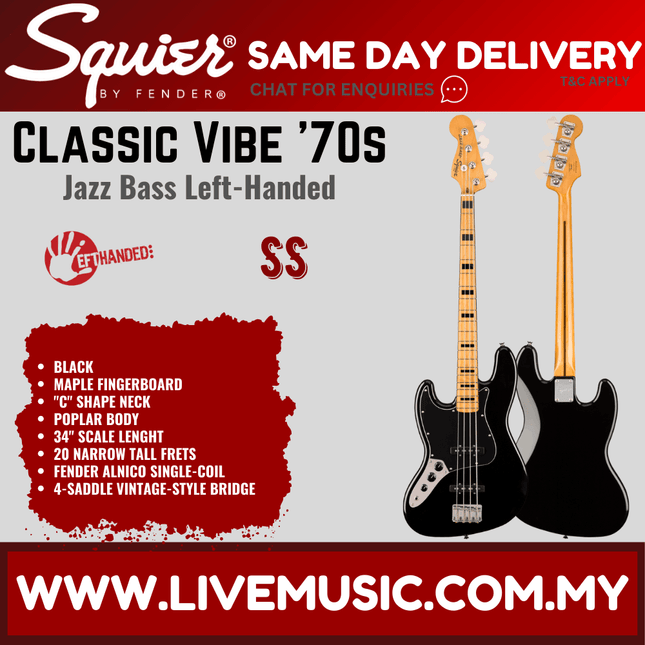 Squier Classic Vibe 70s Jazz Bass Left-Handed Guitar, Maple Fretboard - Black