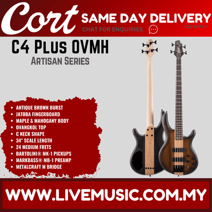 Cort C4 Plus OVMH 4-String Electric Bass Guitar Jatoba Fretboard with Bag - Antique Brown Burst
